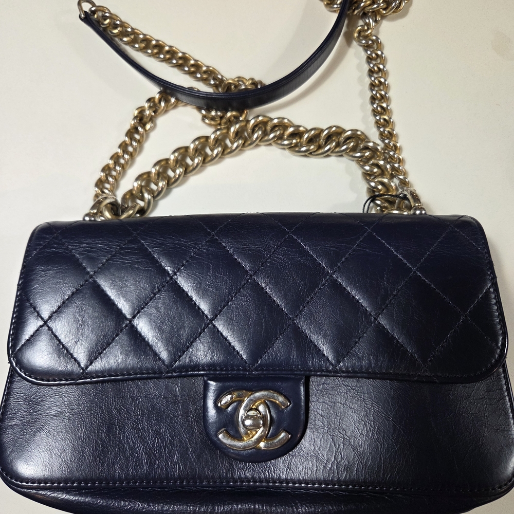 Authentic Chanel Navy Quilted Calfskin Shoulder Or Crossbody Bag with Gold Chain